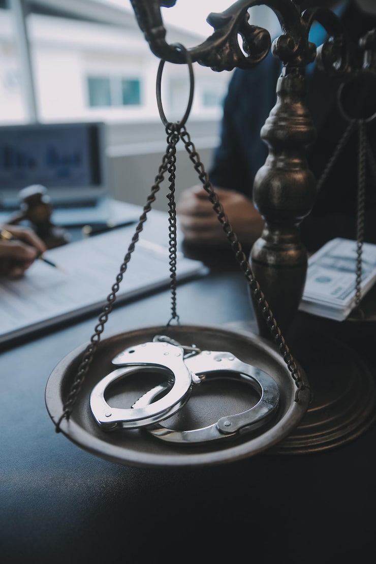 Concepto justicia derechojuez masculino sala audiencias mazo trabajando computadora anteojos teclado